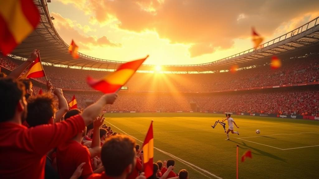 Stade de football espagnol avec drapeau espagnol et supporters
