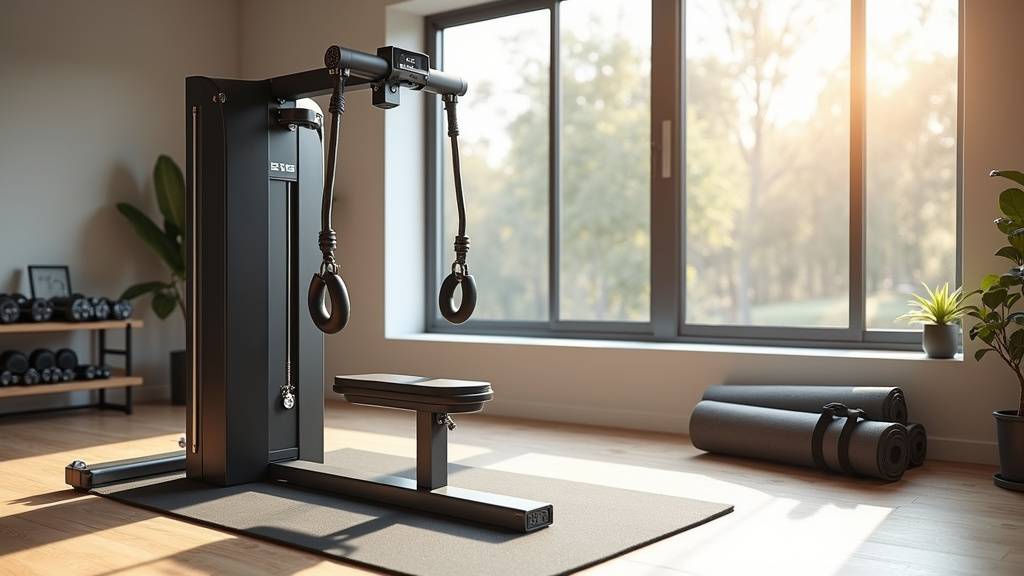 Homme musclé utilisant un appareil de musculation multifonction dans un home gym moderne