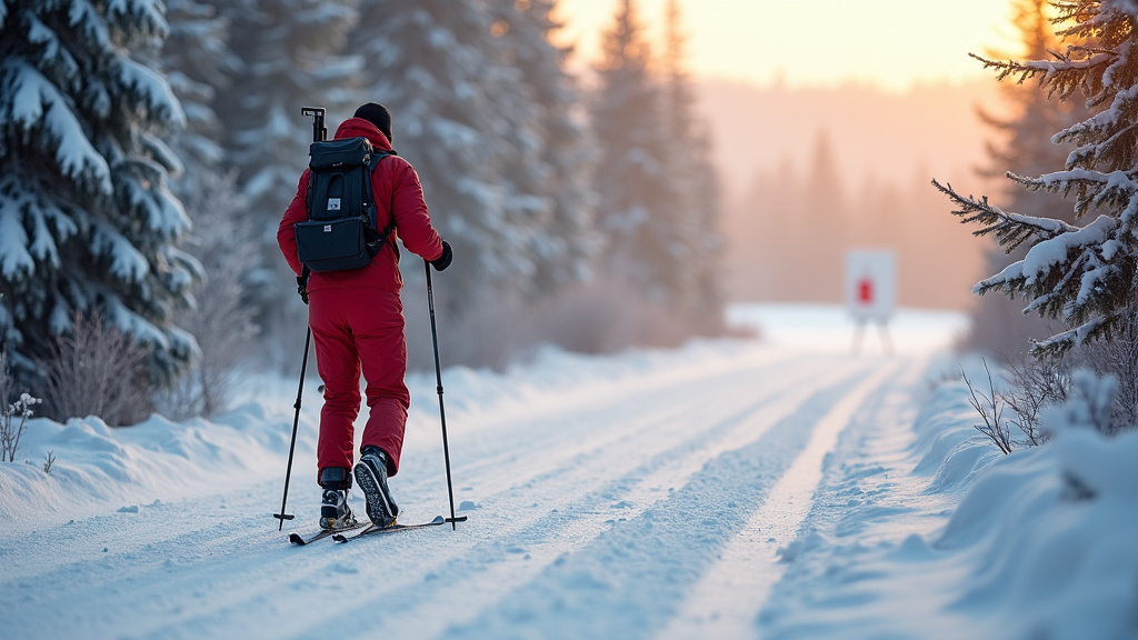 Athlète de biathlon en pleine compétition sur une piste enneigée