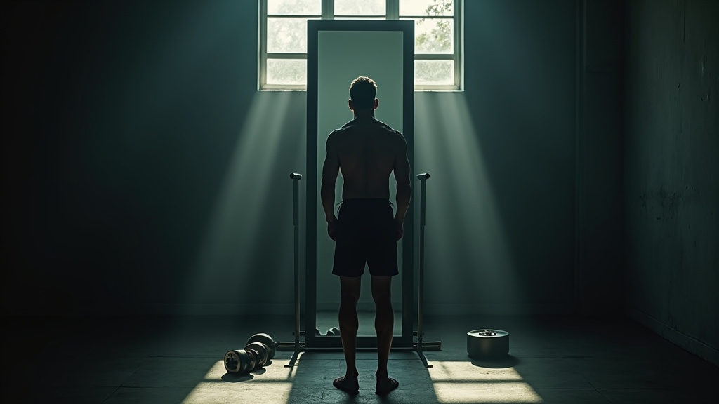 Illustration de l'addiction au sport avec une personne regardant son reflet dans un miroir déformant