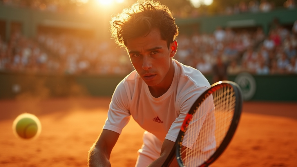 Carlos Alcaraz en pleine action sur le court, démontrant sa technique et sa puissance