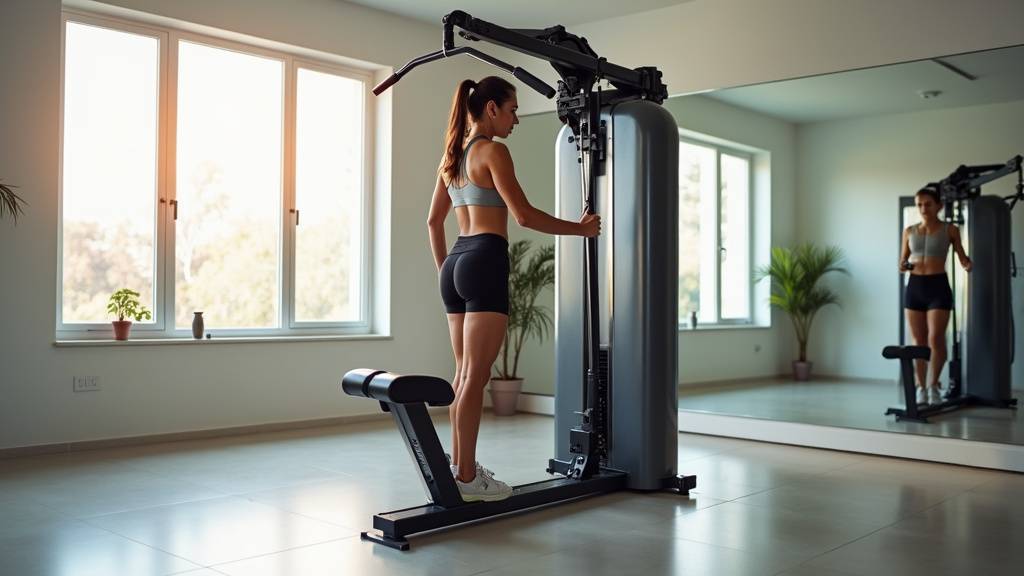Homme utilisant une station de musculation multifonctions dans un salon