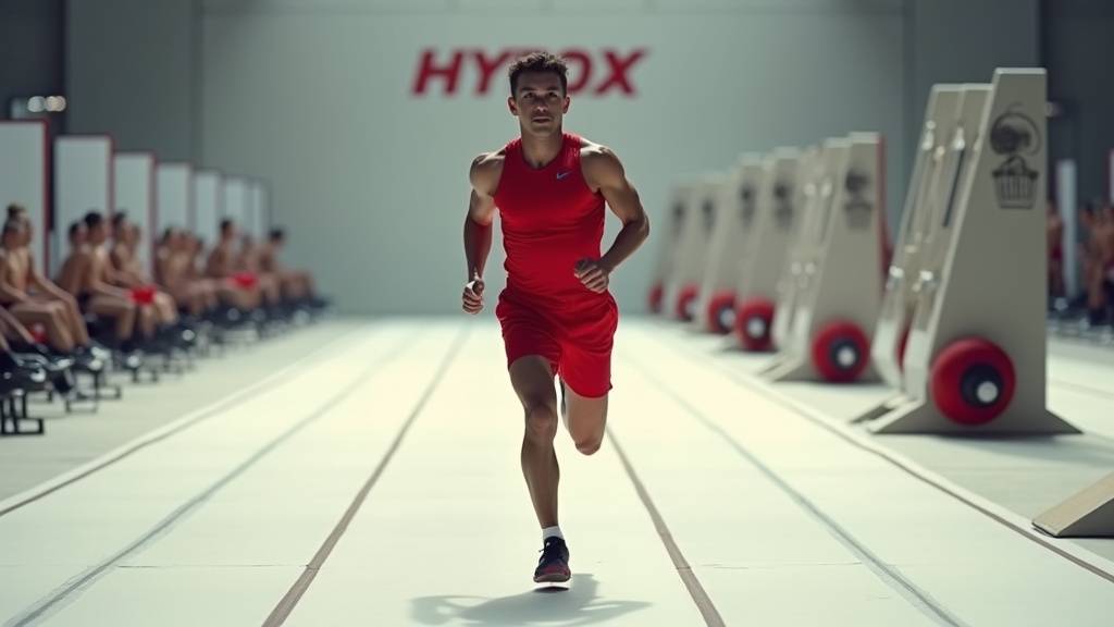 Ambiance et arrivee d'une course HYROX avec participants et supporters