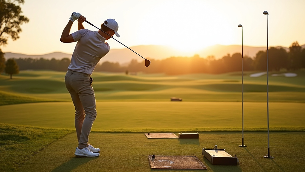 Joueur de golf réalisant un swing parfait sur le practice