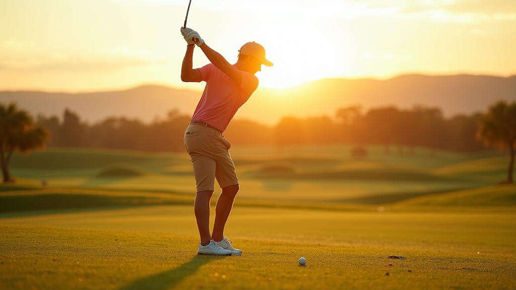 Joueur de golf s'entraînant sur un practice avec différents clubs