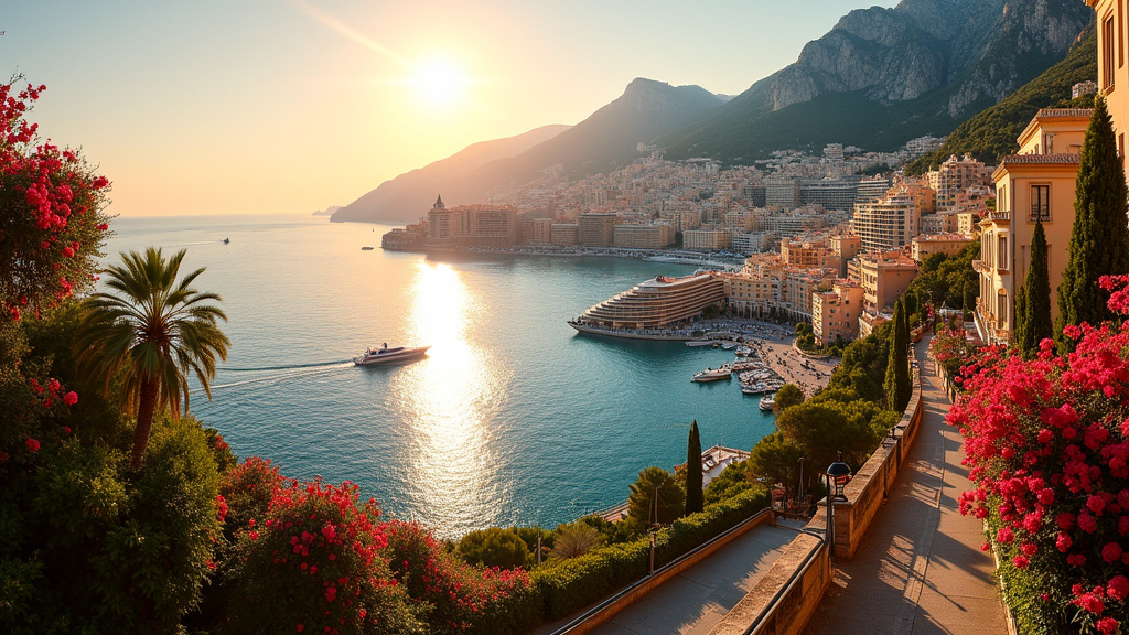 Vue panoramique de Monaco-Ville avec le Palais Princier au coucher du soleil