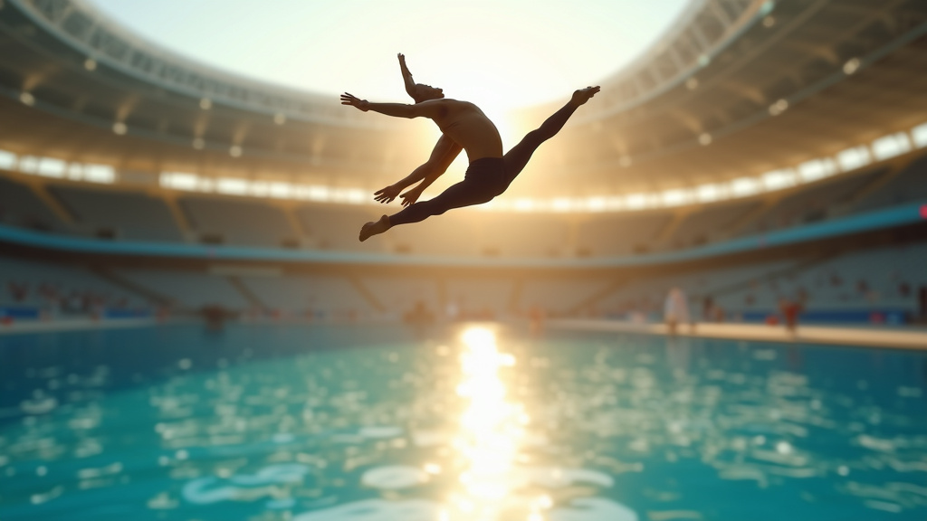 Plongeur en pleine figure acrobatique avant l'entrée dans l'eau