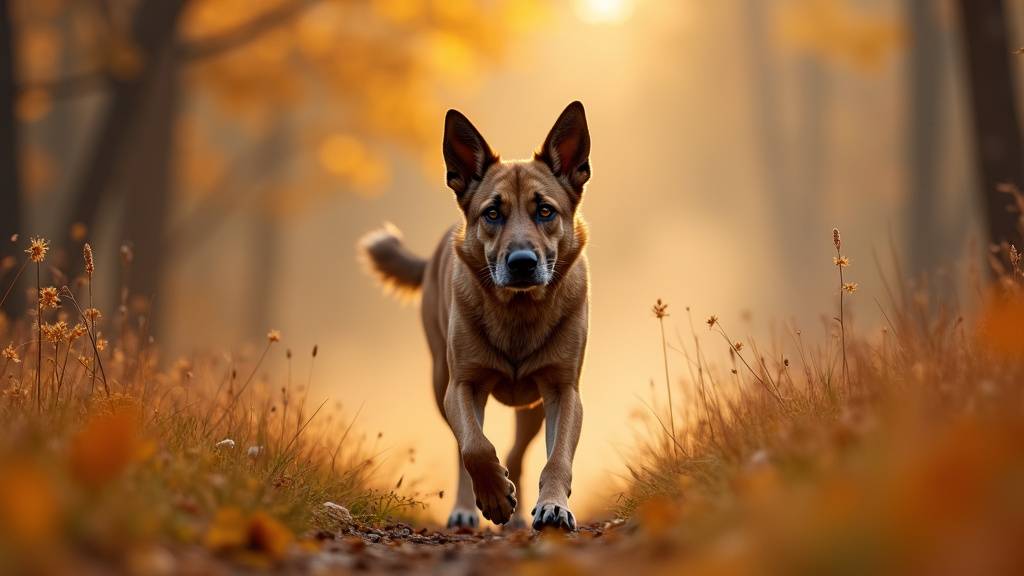 Chasseur avec son chien de chasse dans un paysage automnal