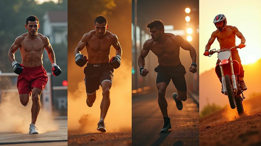 Montage de différents sports commencant par la lettre M marathon MMA musculation