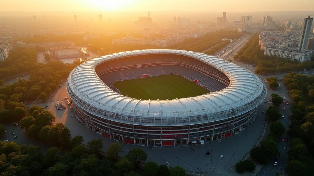 Vue aérienne du Stade de France illuminé la nuit lors d'un événement