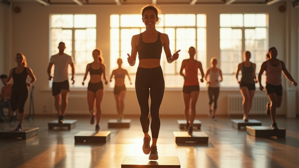Matériel de step fitness : step réglable, élastiques et chaussures de fitness