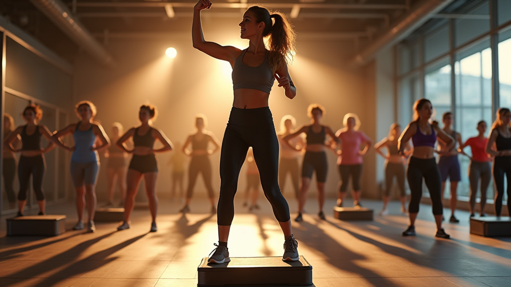 Participants motivés lors d'une séance de step fitness en groupe