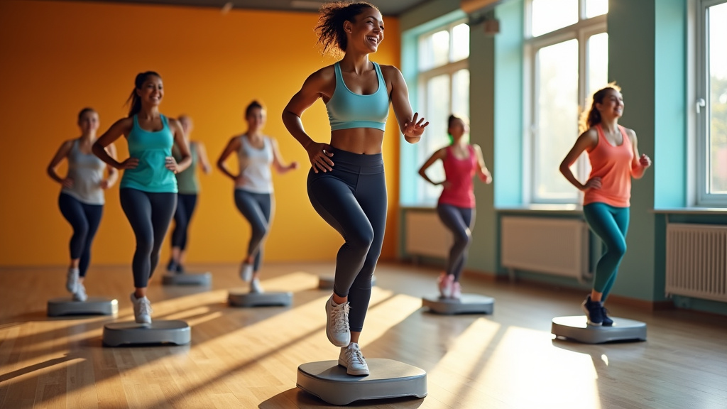 Séance de step fitness dynamique avec participants en cercle autour du coach