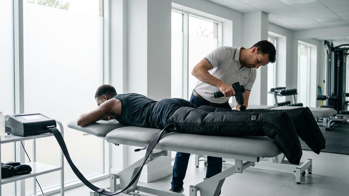 Sportif allongé sur une table de soin, jambes dans des bottes de compression pneumatique, pendant un massage de l'épaule au pistolet