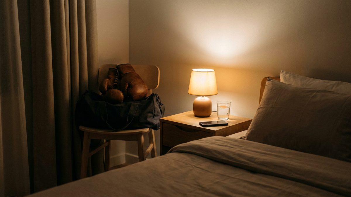 Chambre calme et tamisée le soir, téléphone retourné sur la table de nuit, gants de boxe et sac de sport posés sur une chaise