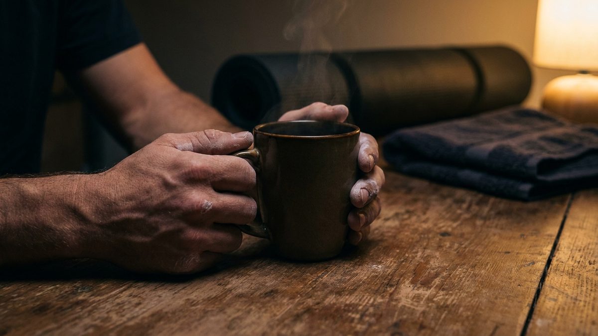 Mains d'un sportif tenant une tasse chaude en soirée après l'entraînement, tapis de sol et serviette en arrière-plan
